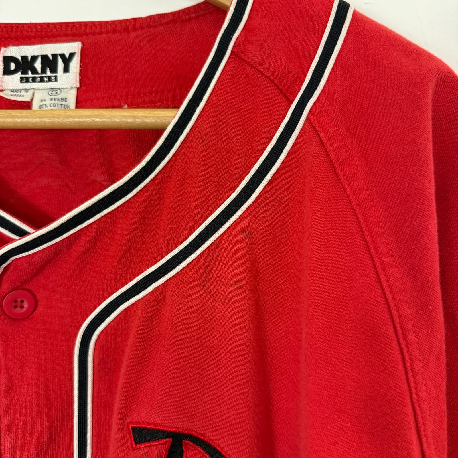 Vintage 90s DKNY Patchwork Baseball Jersey Button Up Shirt Streetwear Sportswear