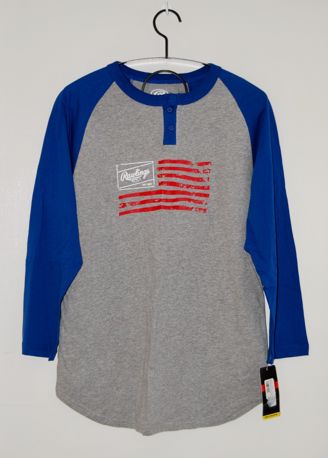 NWT Rawlings Men’s Royal Blue Henley 3/4 Sleeve Flag Baseball Shirt sz M
