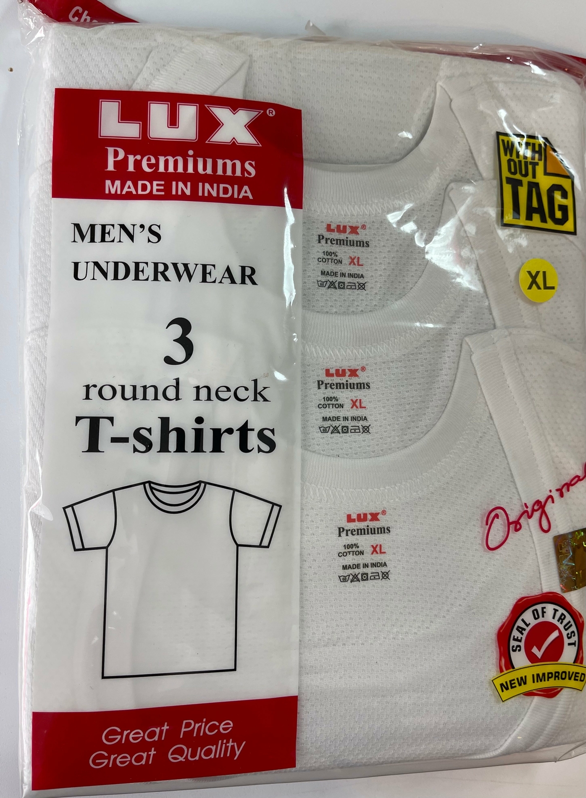 LUX PREMIUM JALI 100% COTTON MEN`S TEXTURED T- SHIRT WHITE PACK OF 3 PCS