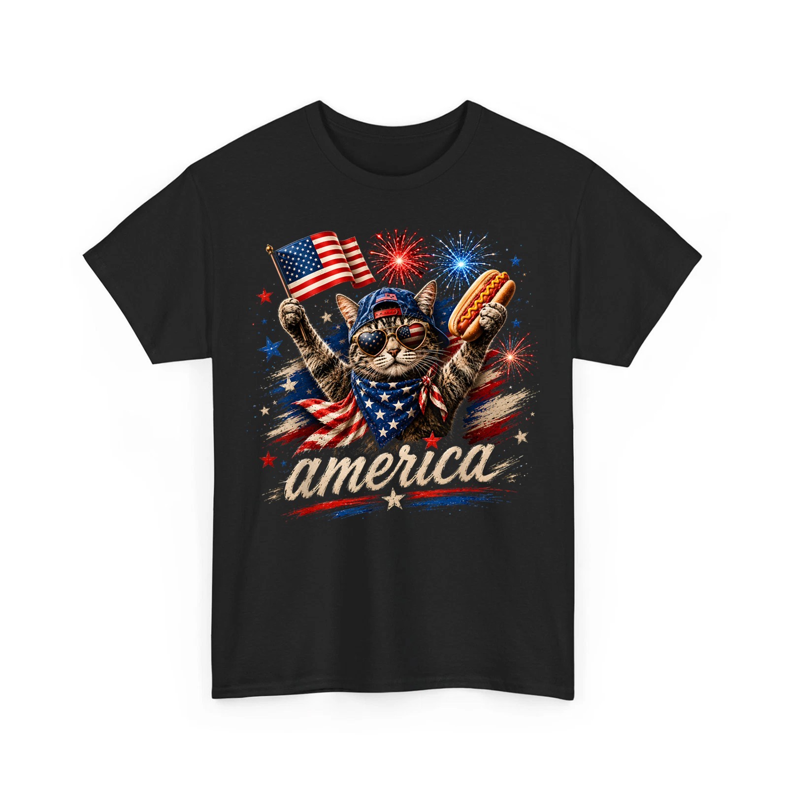 Retro Funny America Cat Hot Dog Lovers Patriotic US Flag Unisex T-Shirt