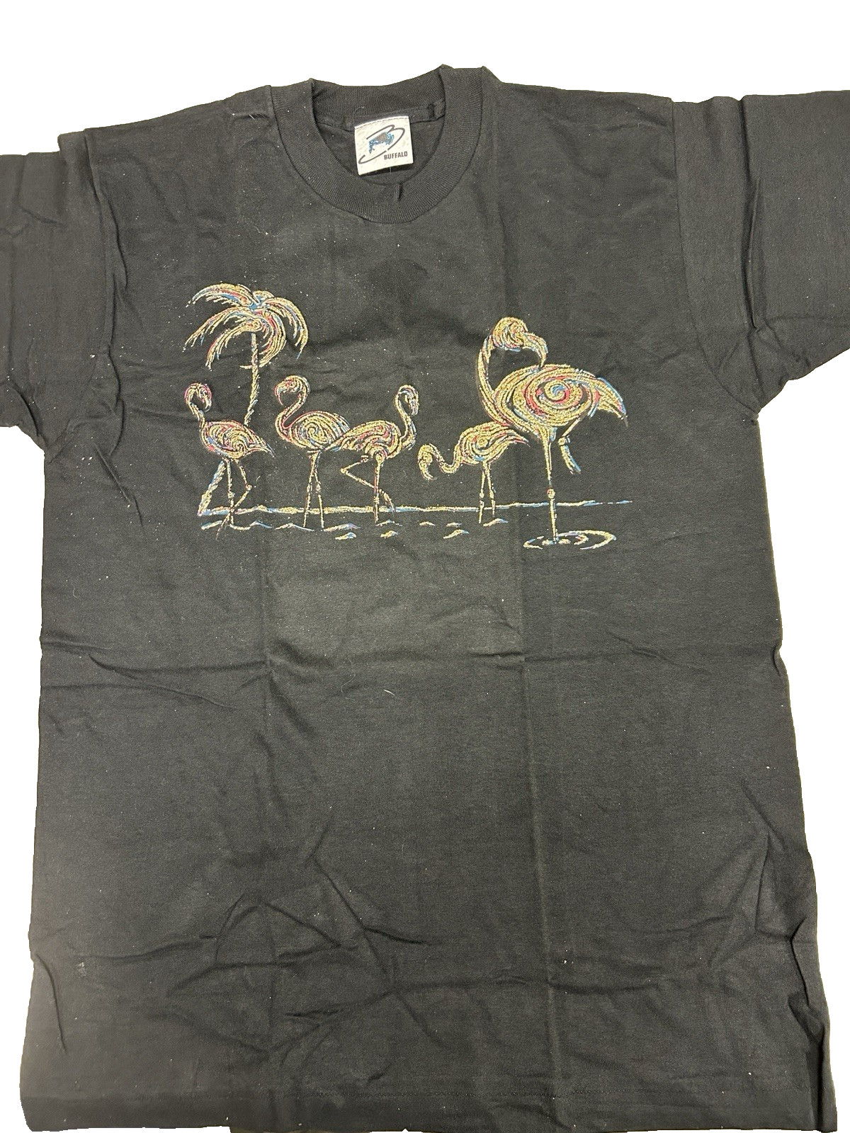 Vintage 90s Glitter Magic Tropical Graphic T-Shirt Single Stitch Sz L Flamingos