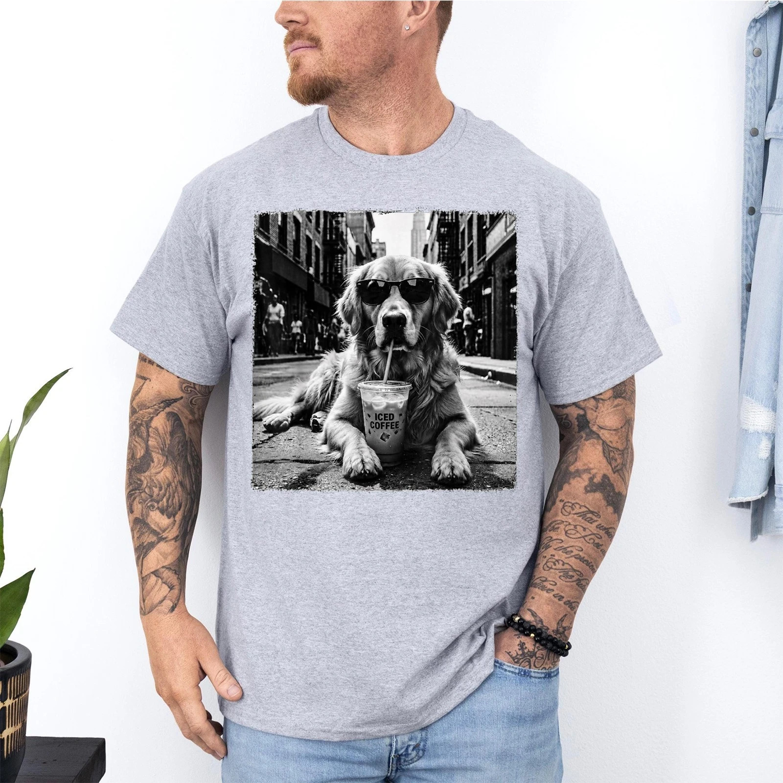 Golden Retriever Drinking Iced Milk Coffee Dog Lover Art Humor Unisex T-Shirt
