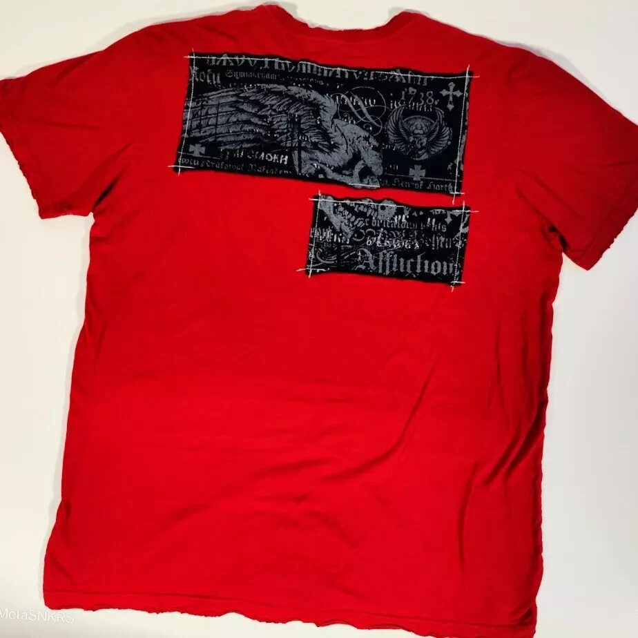 Affliction T Shirt Men XL Red Black Gray Silver Foil Patch Skull USA Distressed