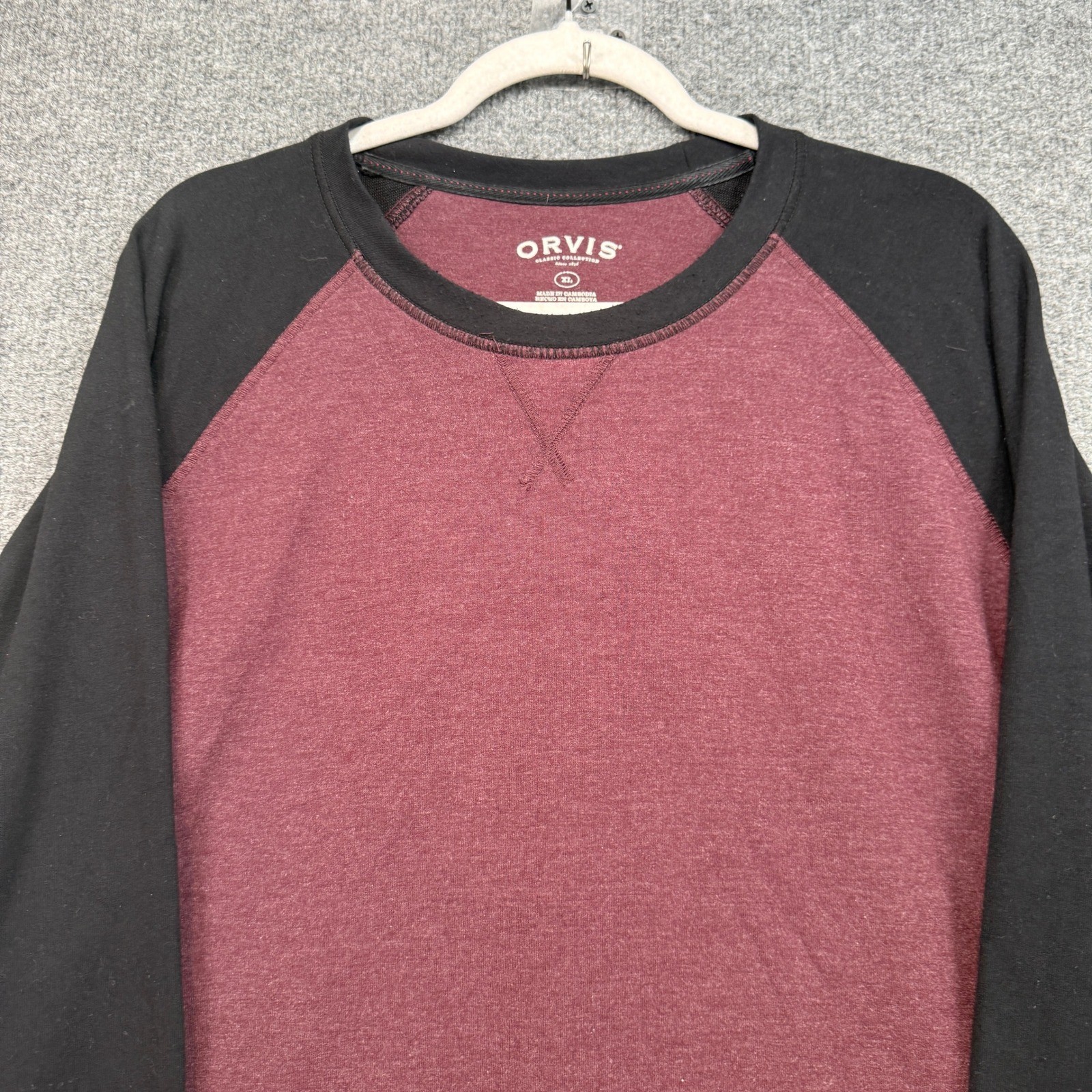 Orvis Raglan Shirt Mens XL Burgundy Long Sleeve Crewneck Tshirt Soft Stretch