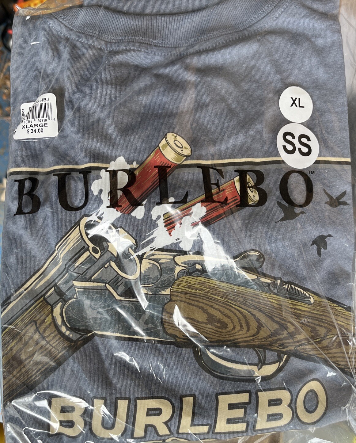 Burlebo Outdoors Men’s Double Barrel Shotgun T-Shirt Size XL NWT Heather Blue