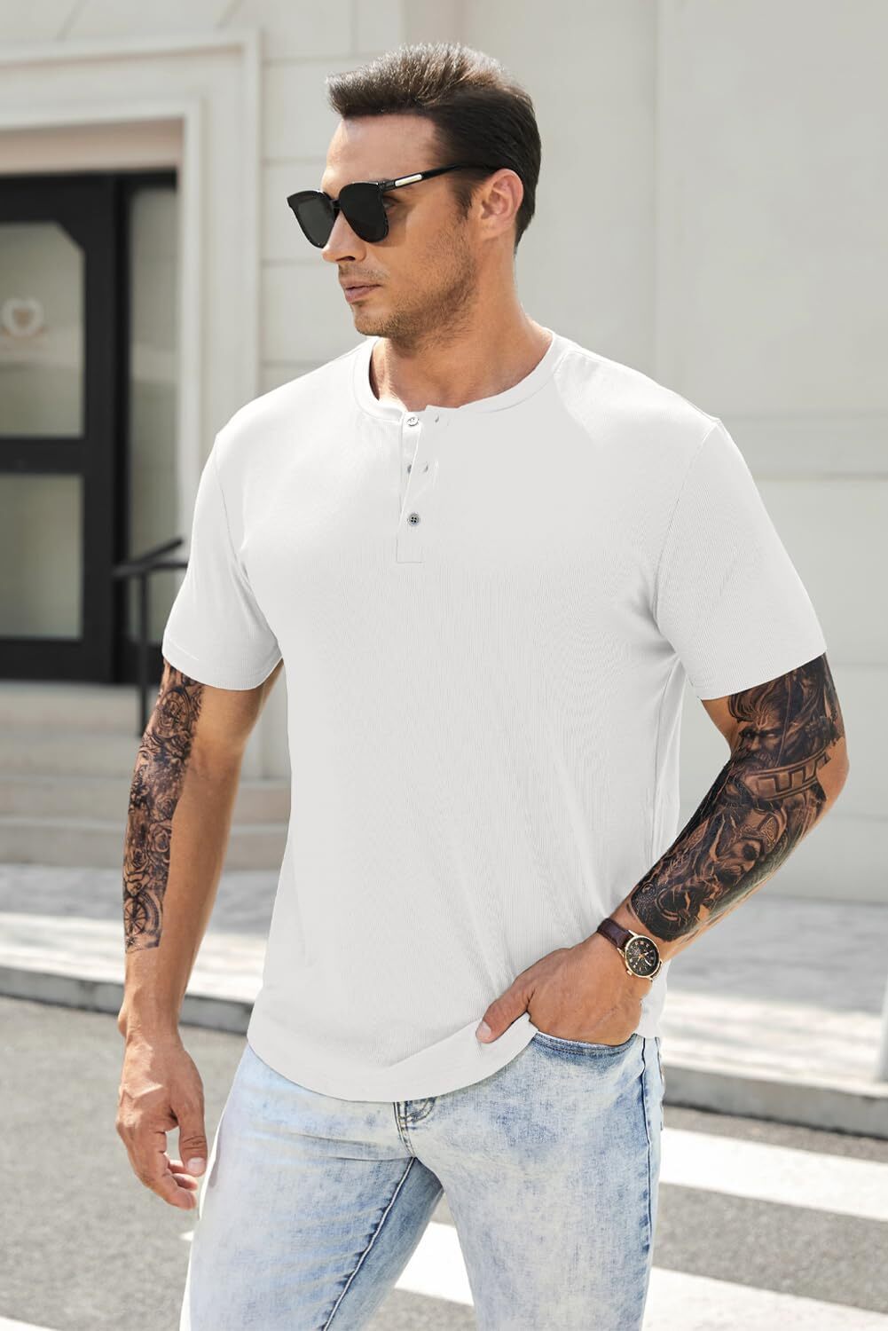 Men’s Muscle Slim Henley Shirts Crewneck Longline Athletic Gym Workout