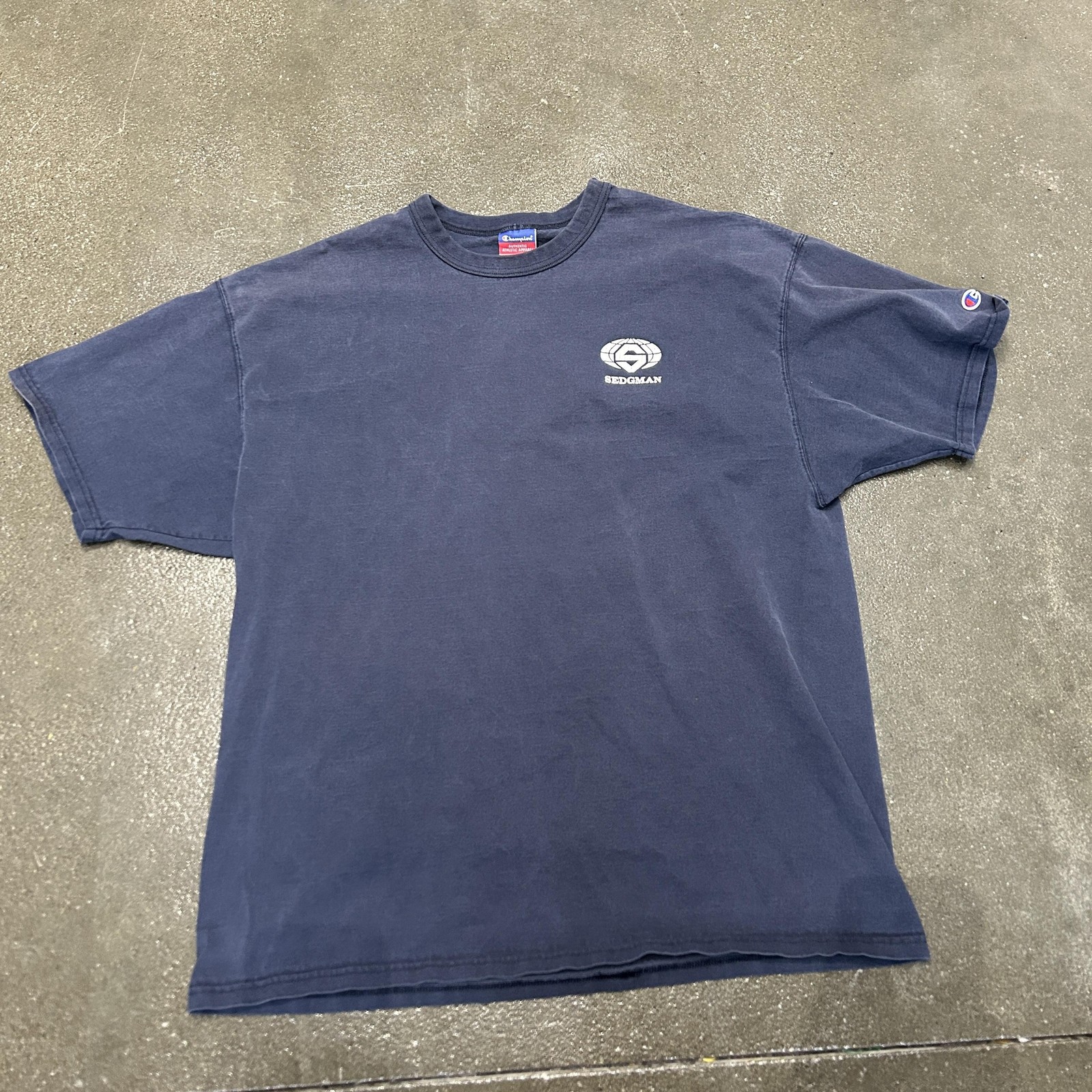 Champion Shirt Mens XL Navy Blue Sedgman Logo Short Sleeve Crewneck Tee
