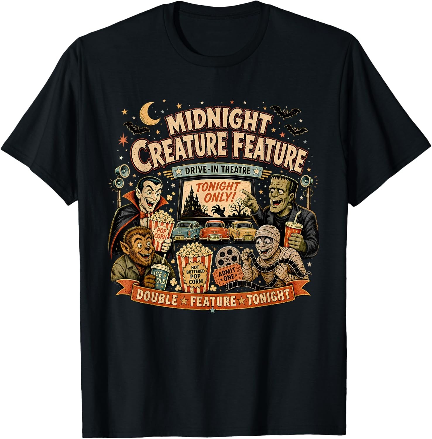 Retro 90s Midnight Creature Feature T-Shirt Classic Monster Drive-In Movie Tee