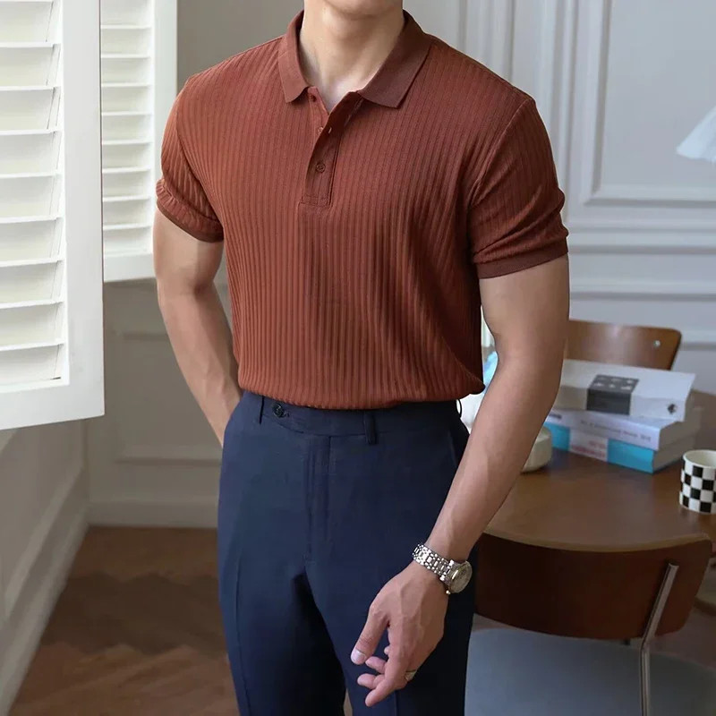 Male Casual Vintage Comfortable Lapel T-shirt Knitted Top 2025 New Summer Men Tr