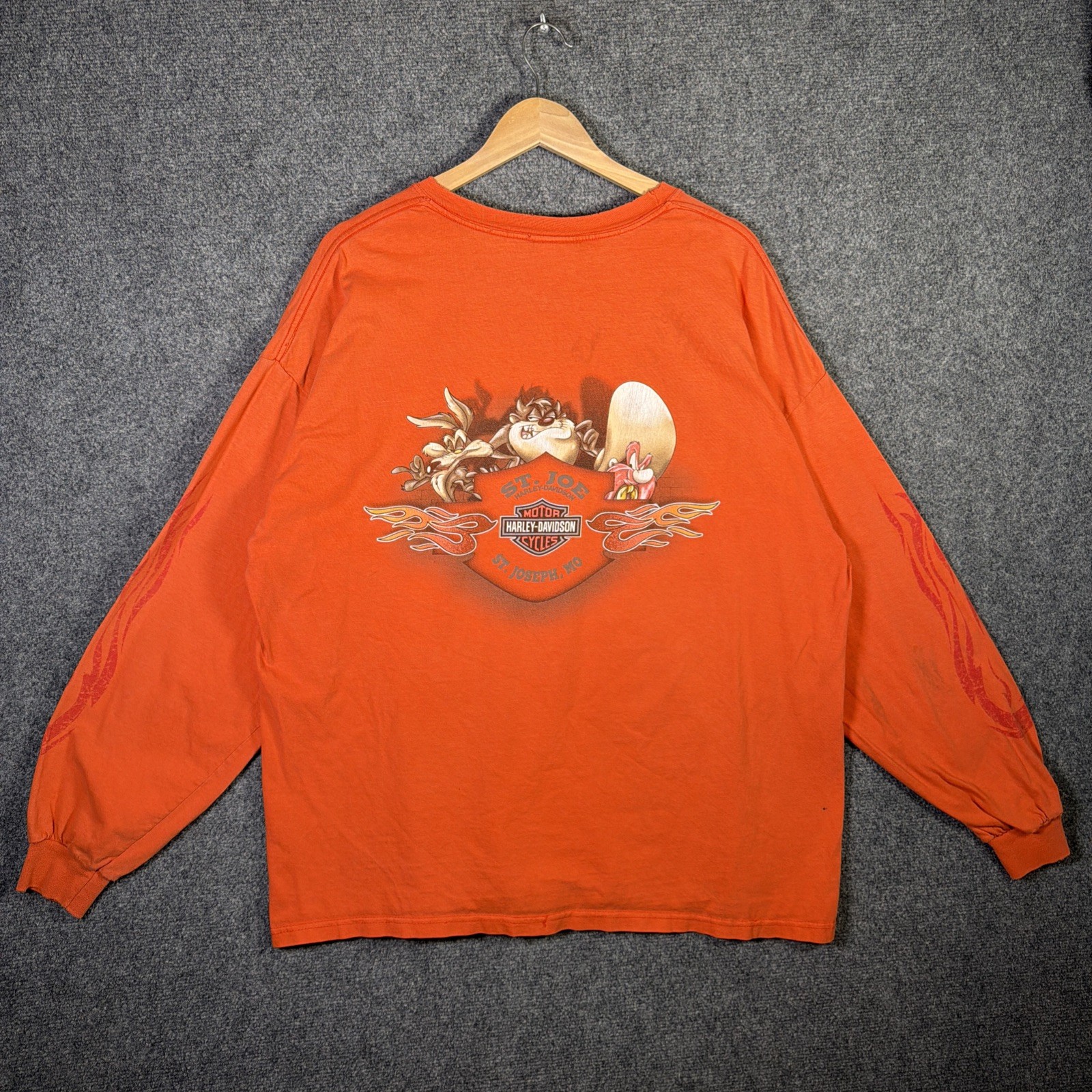 Vintage Harley Davidson Shirt 2XL Orange 90s Long Sleeve Flames Looney Tunes