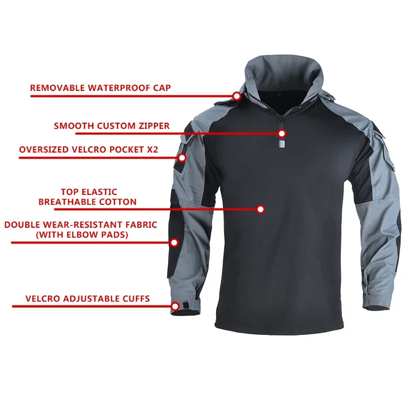 Outdoor Shirts Camo Combat T-Shirt Hooded Men Tactical Shirt Airsoft