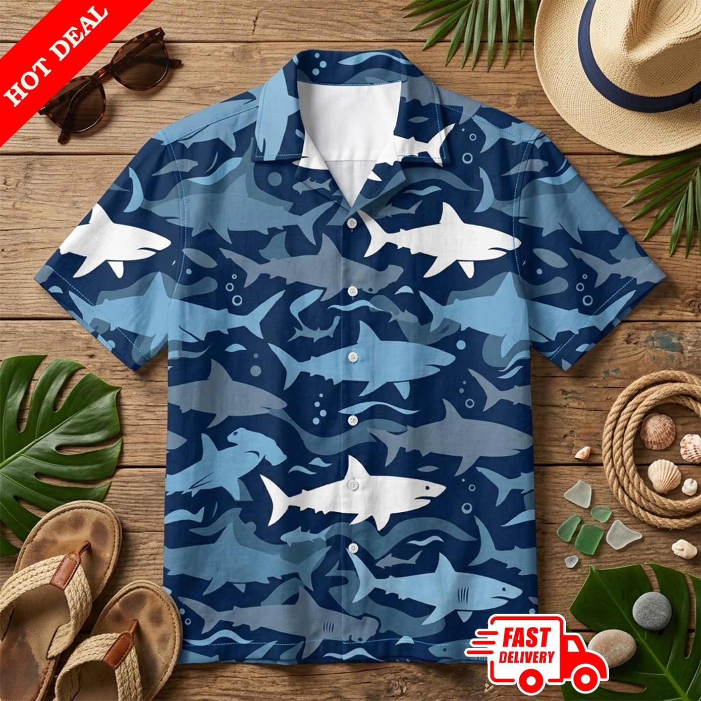 Shark Attack Mens Blue Hawaiian Shirt Short Sleeve Button Down Beach Summer