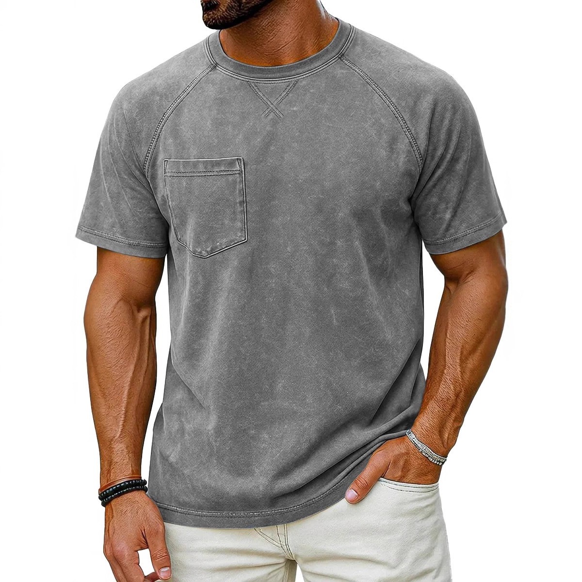 Men’s Vintage Washed Raglan Short Sleeve T-Shirt, Pocket Crew Neck Casual Tee