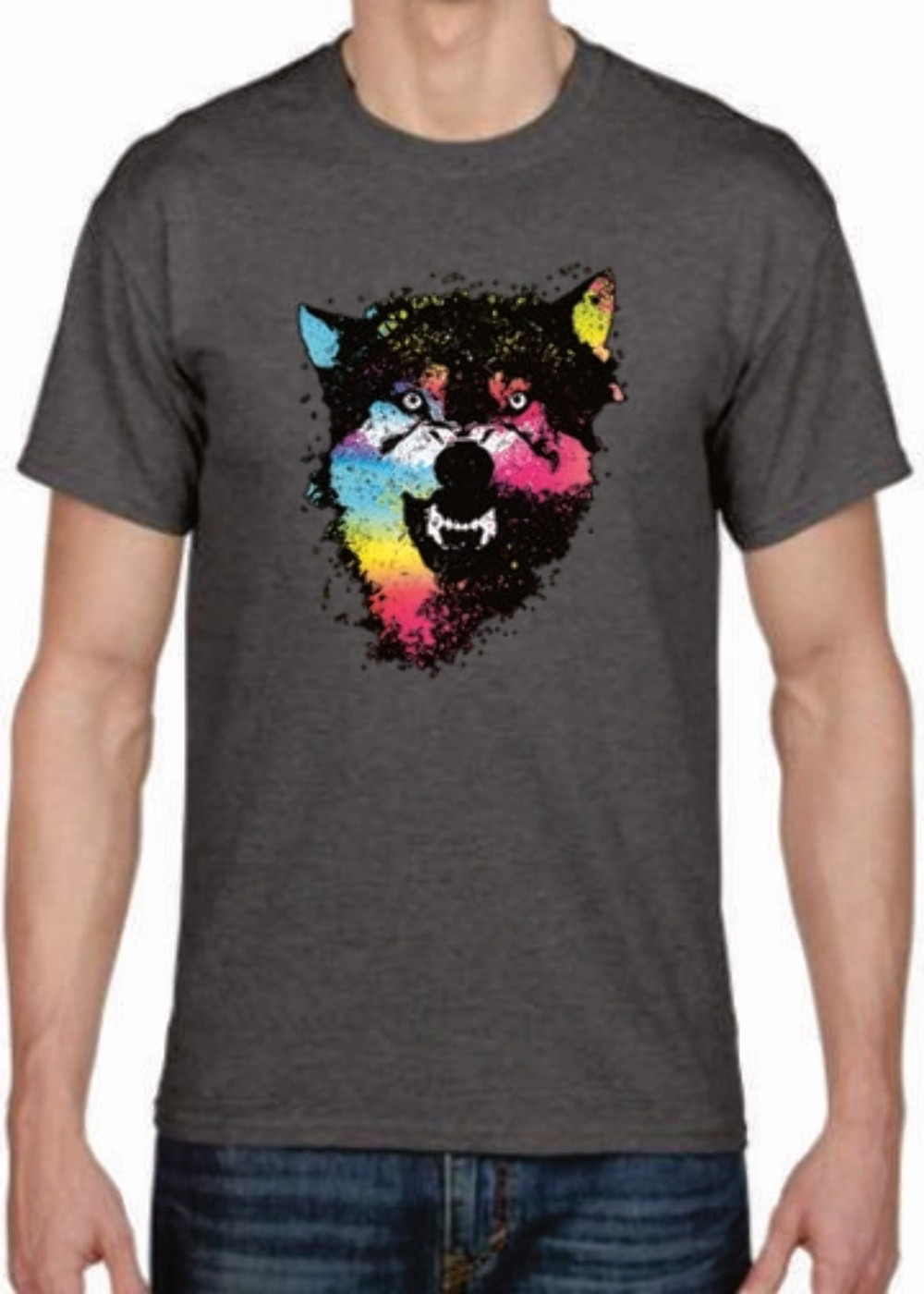 Adult DryBlend® T-Shirt – ( COLORFUL TECHINCOLOR / NEON WOLF / WOLVES)