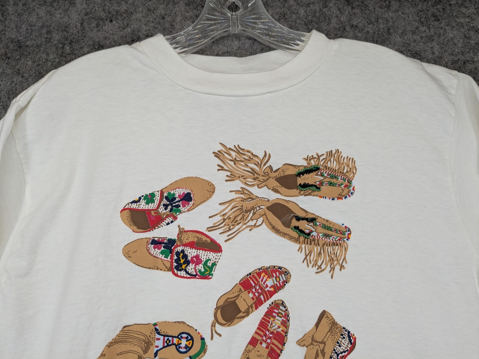 Vintage Central Falls Shirt Mens One Size White Beaded Moccasins Graphic USA 90s