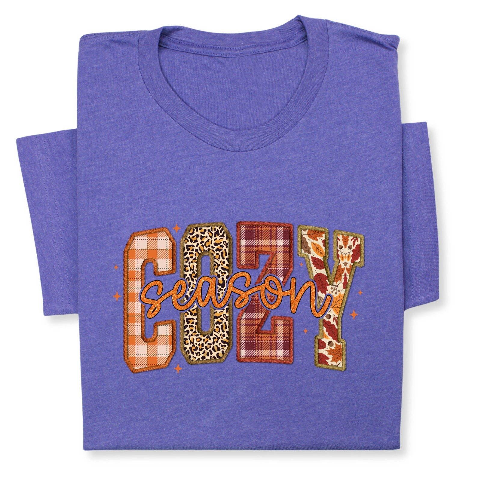 Cozy Season Fall T-Shirt – Autumn Plaid & Leopard Patchwork Tee