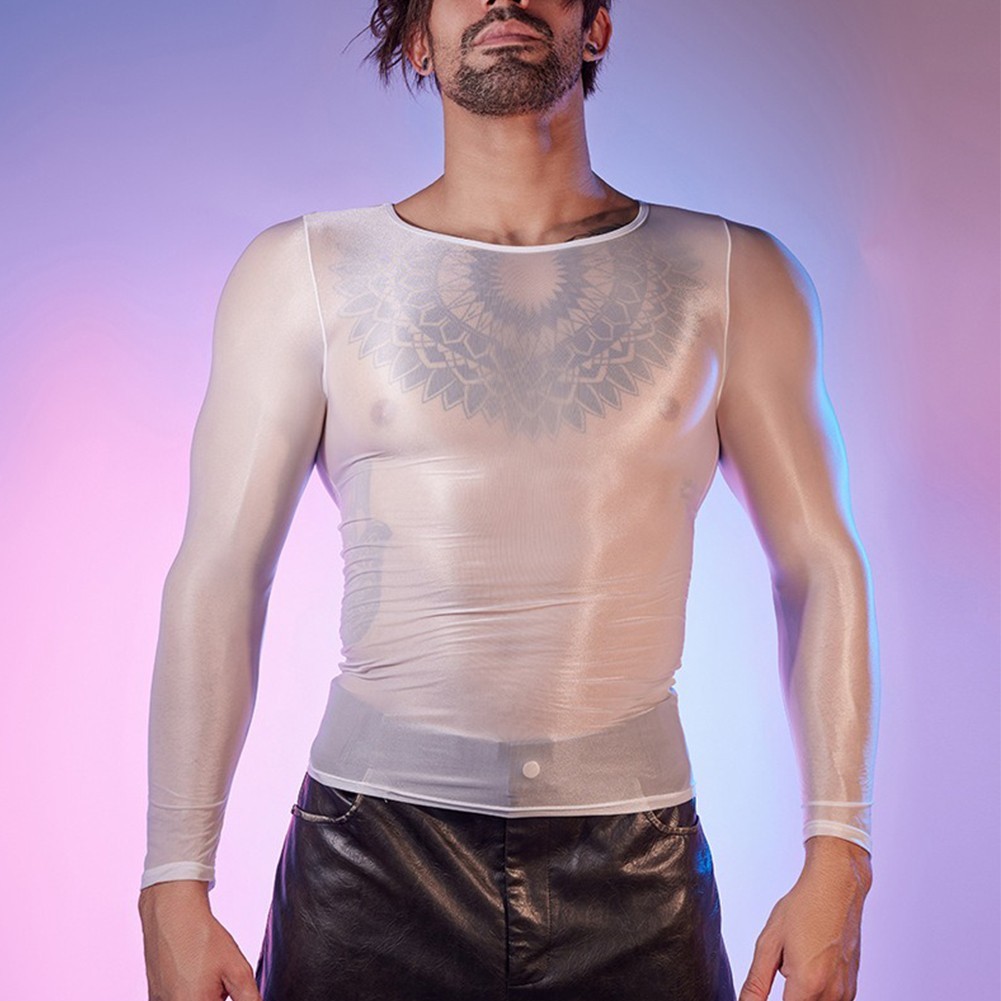 Men’s Oil Shiny See Through Long Sleeve Sheer Tights Top Sexy Lingerie Shirt