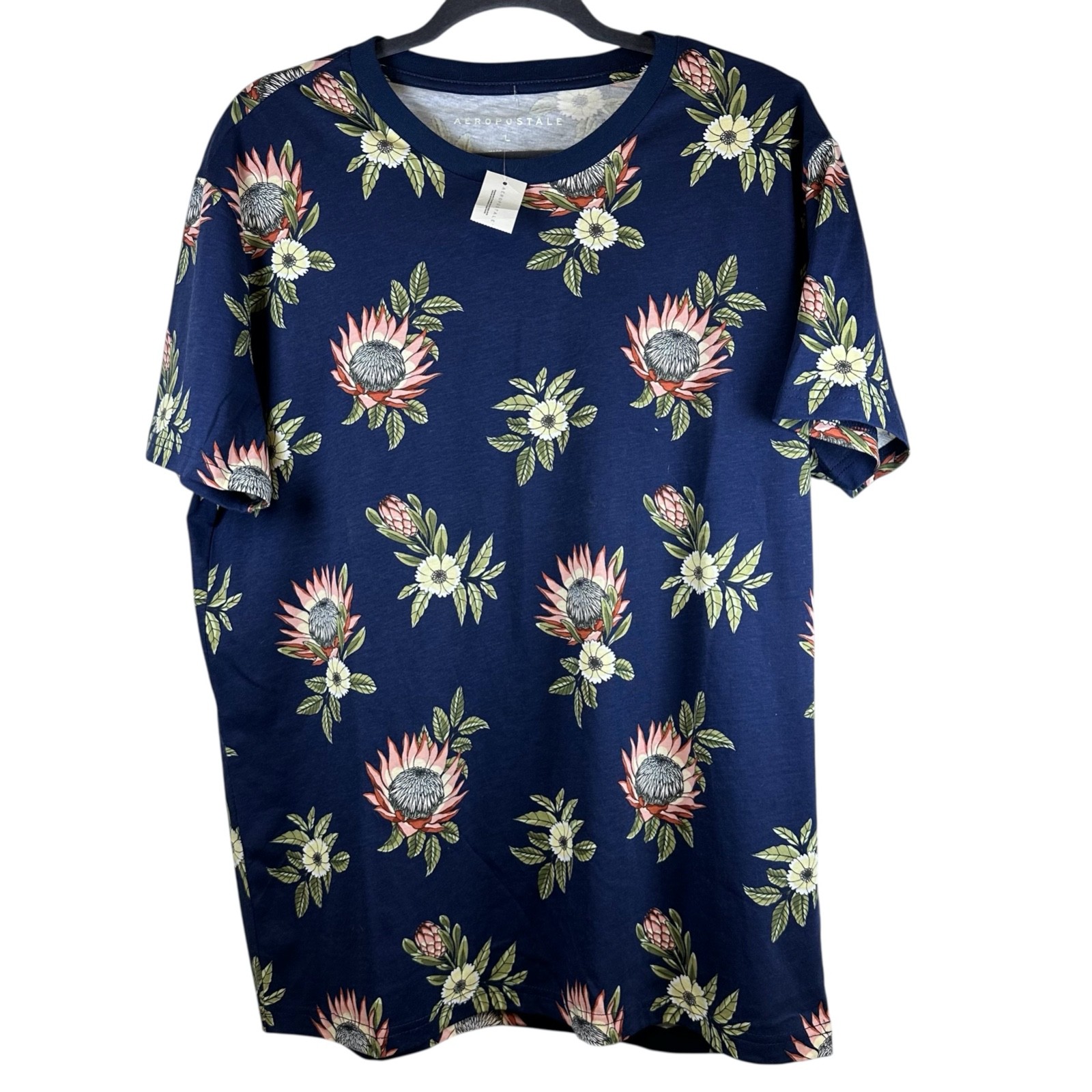 New Aéropostale Men’s Large Protea Floral T-Shirt Navy Blue Botanical Tropical
