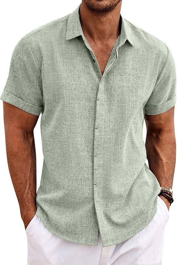 COOFANDY Men’s Linen Shirts Short Sleeve Casual Shirts Button Down Shirt for Men