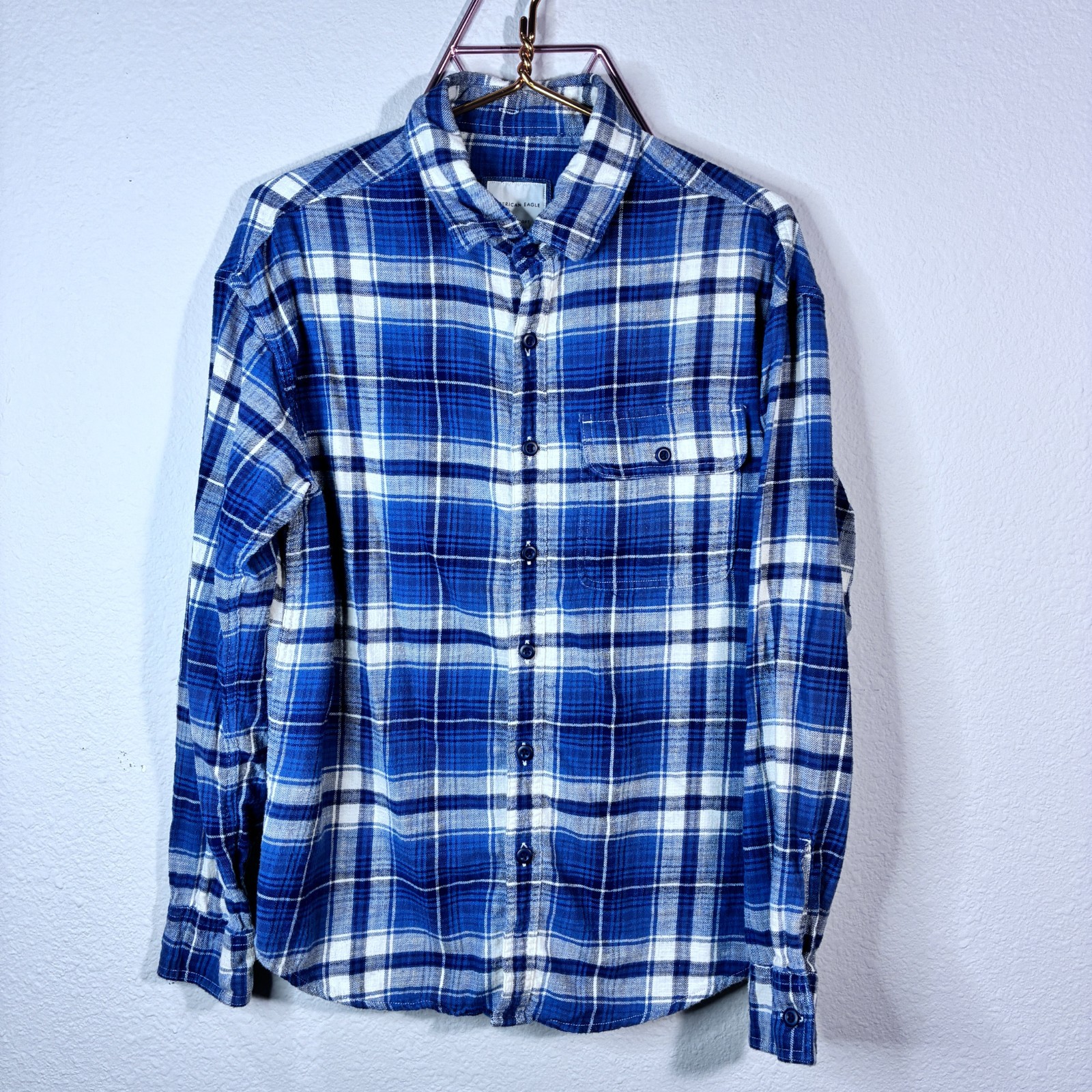 AMERICAN EAGLE Men’s Flannel Shirt Blue Gray Plaid Long Sleeve Super Soft Medium