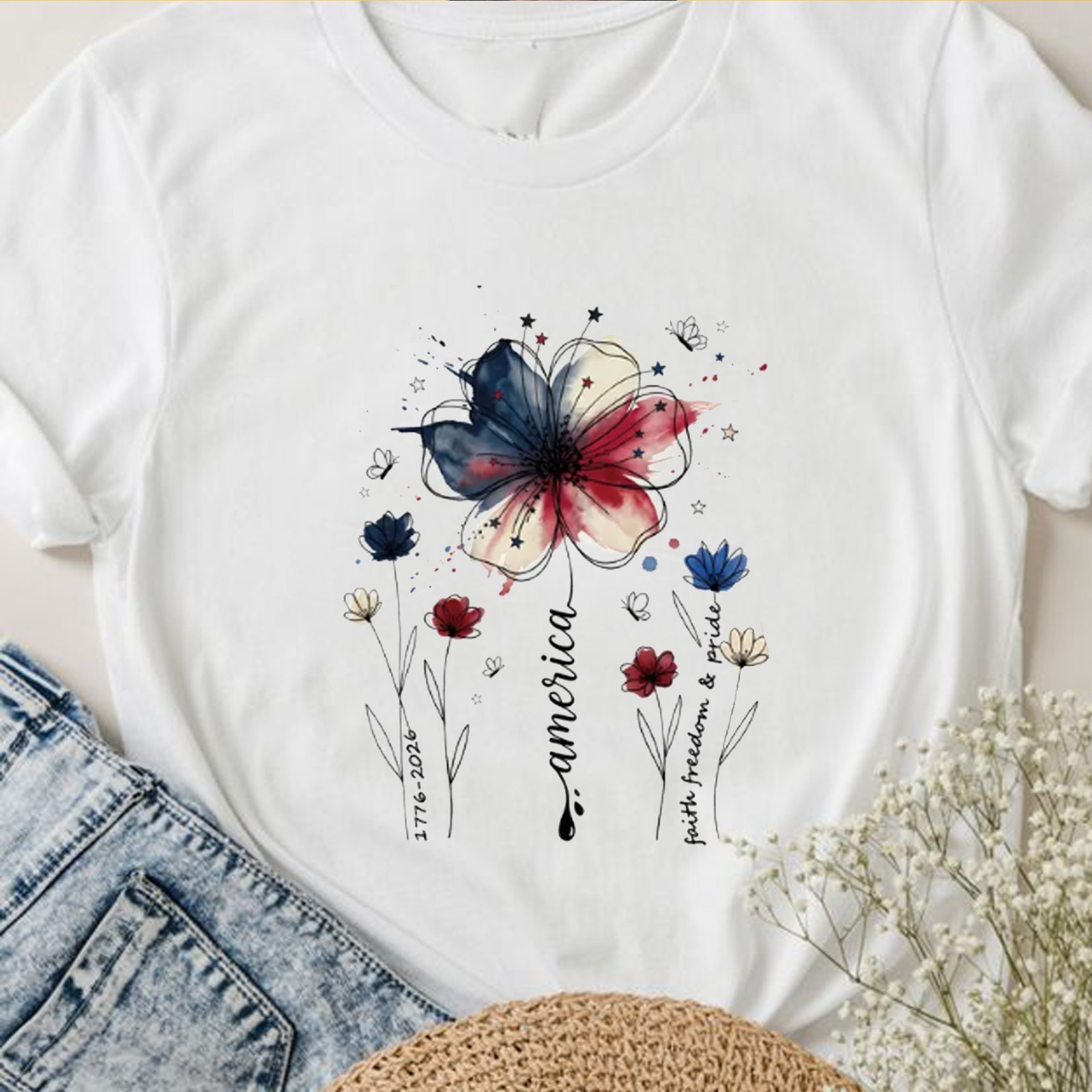 USA 250th Anniversary Floral Shirt, Patriotic Wildflower Tee, 4th of July Gift