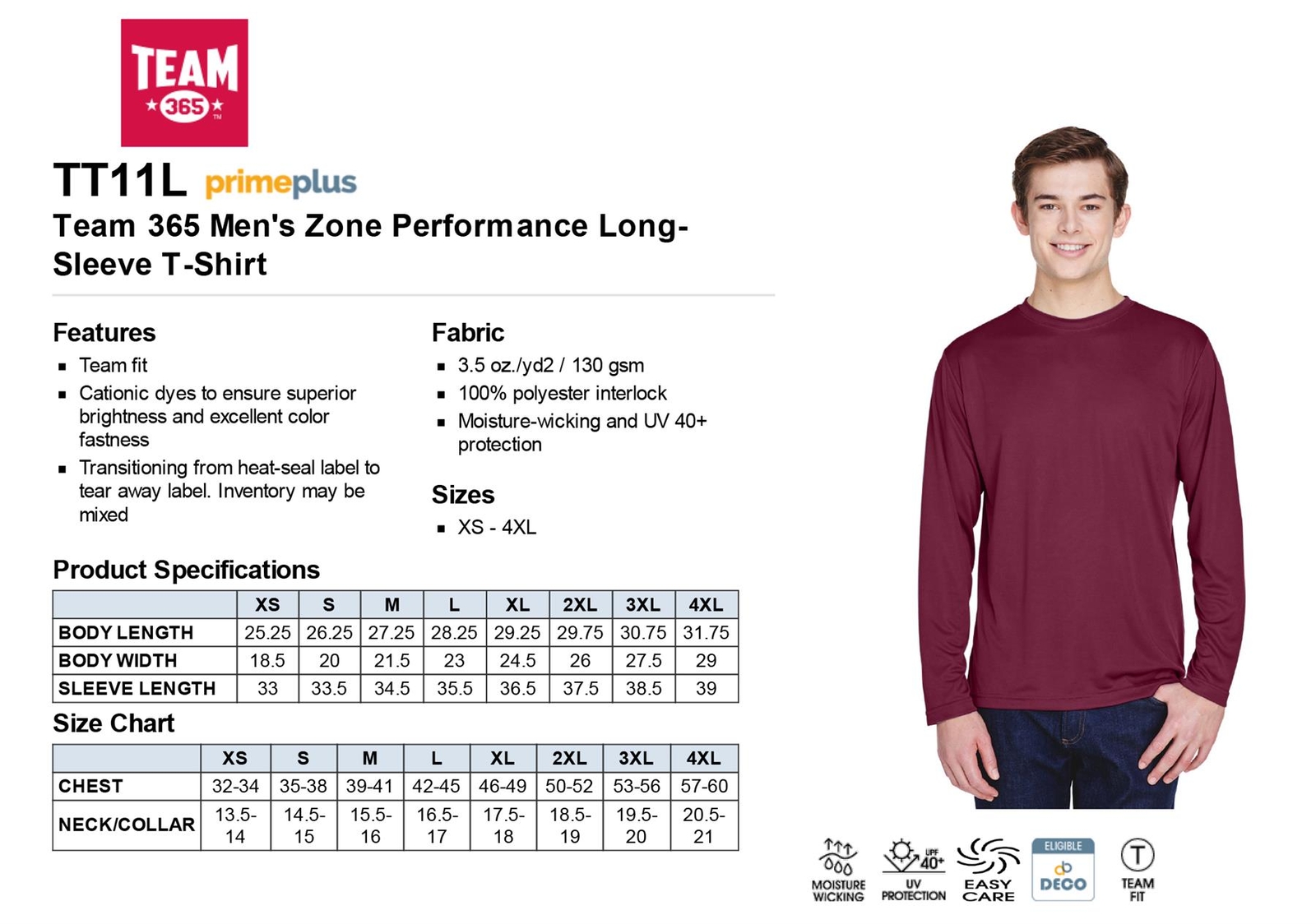 Team 365 Mens Long Sleeve T-Shirt Dri-Fit Performance Workout UV Protect TT11L