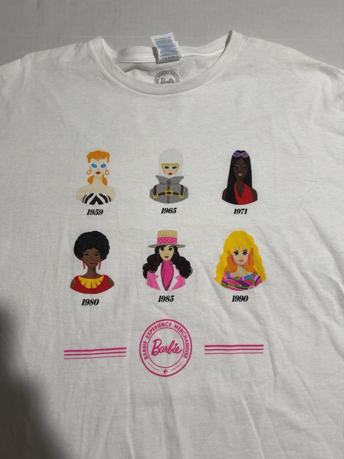 Barbie Decades Character Print 1950s-1990s, White Tee, XL #1023