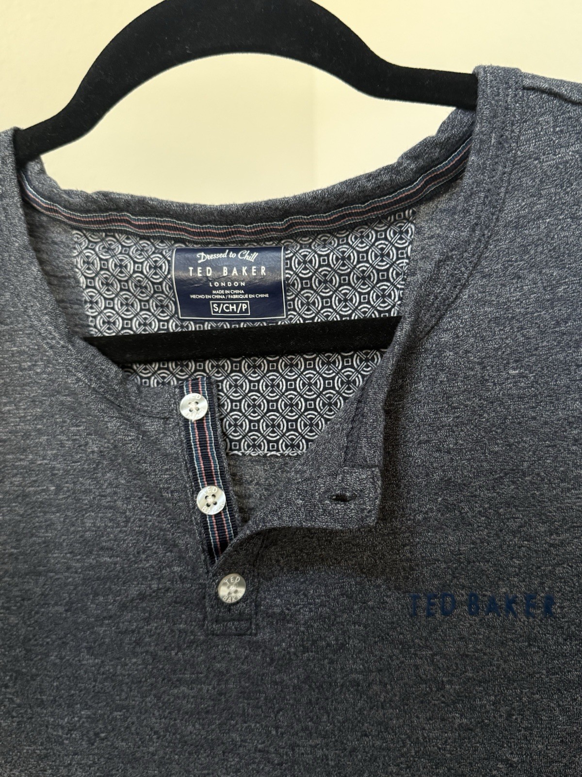 Ted Baker London Long Sleeve Henley Charcoal Marl Geometric Placket Size S