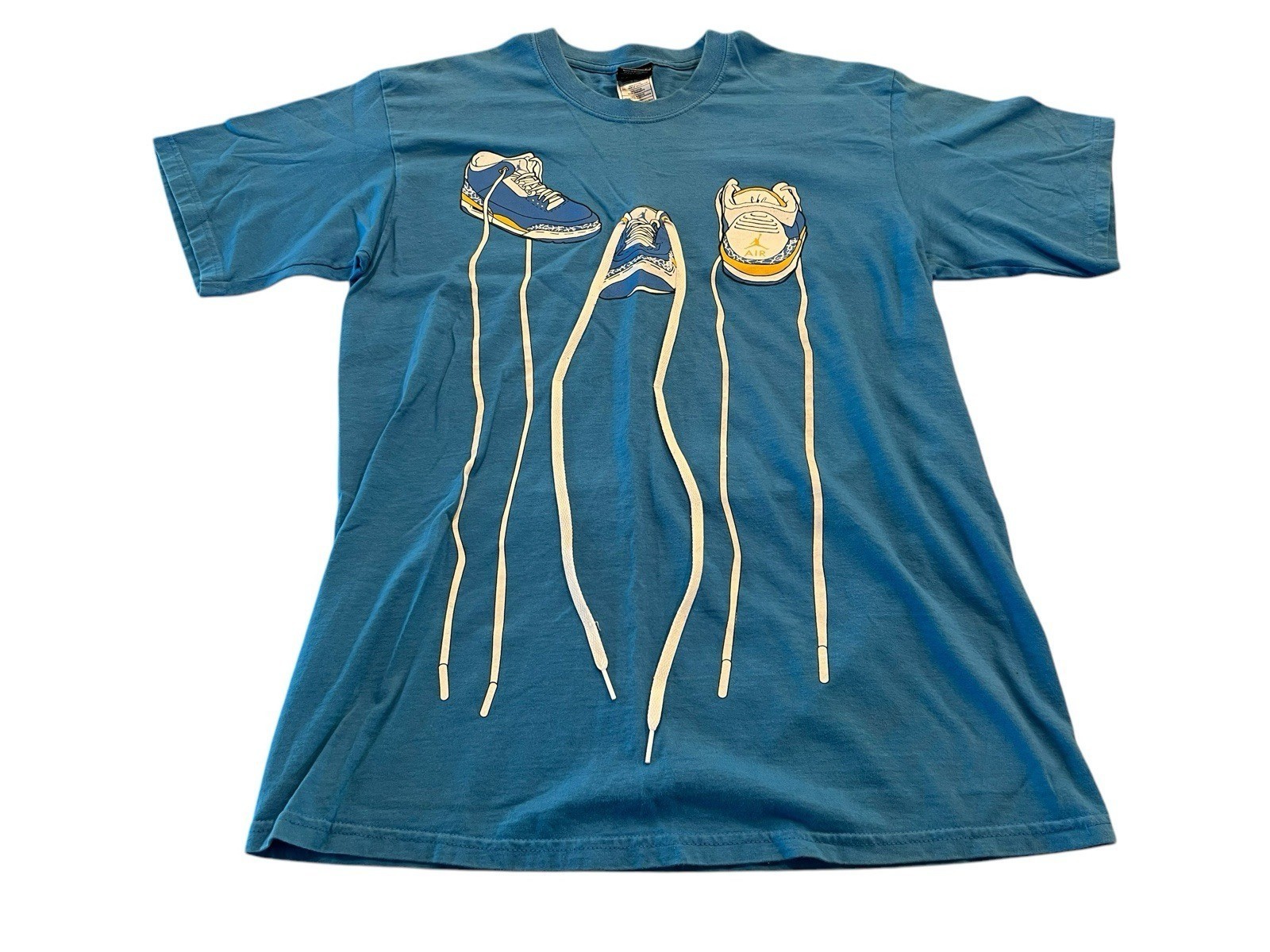 Air Jordan Men’s T-Shirt Large Sneaker Shoe Laces Short Sleeve Blue Shirt