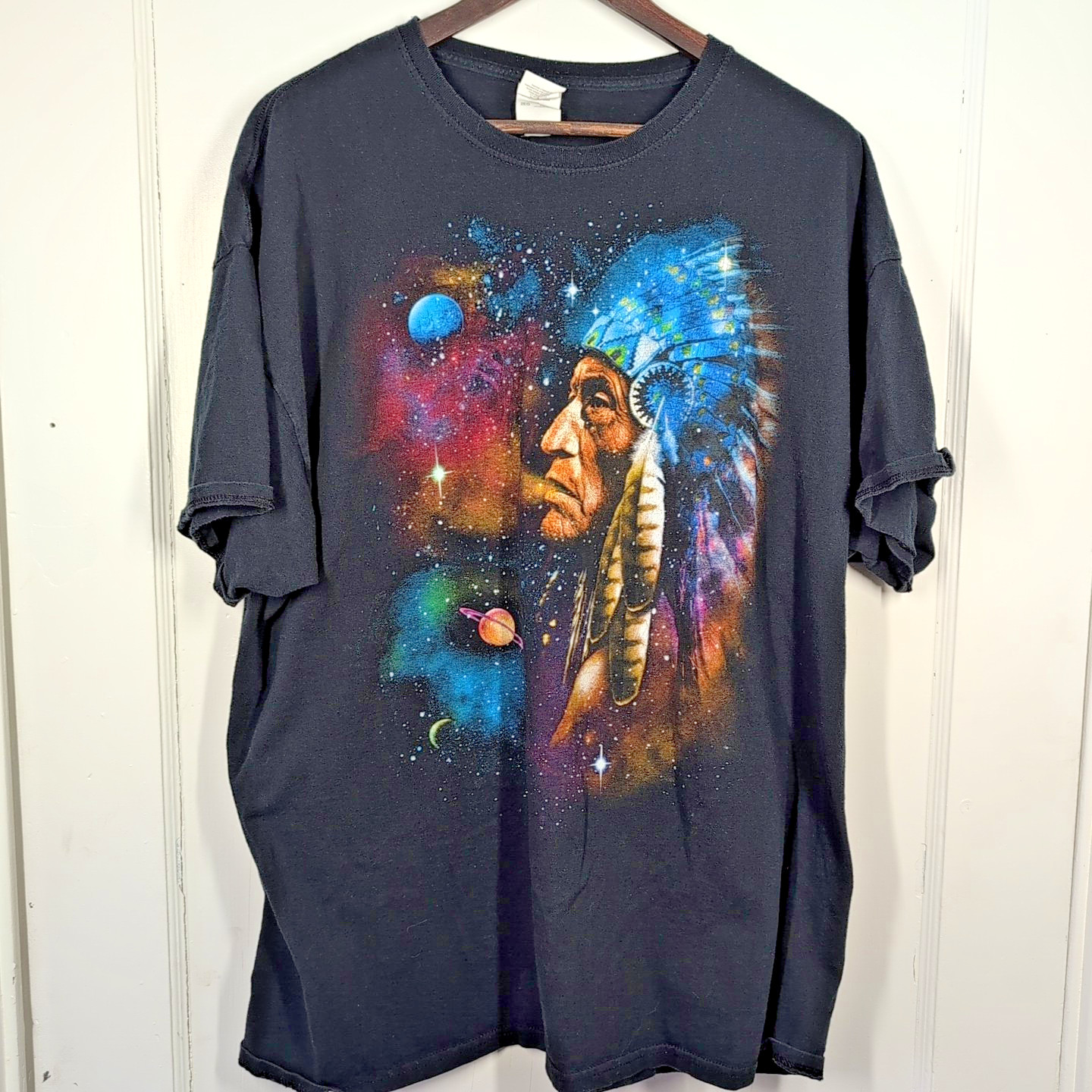 Vintage Fruit Of The Loom Native American Universe Tee Shirt Black Size 2XL GUC