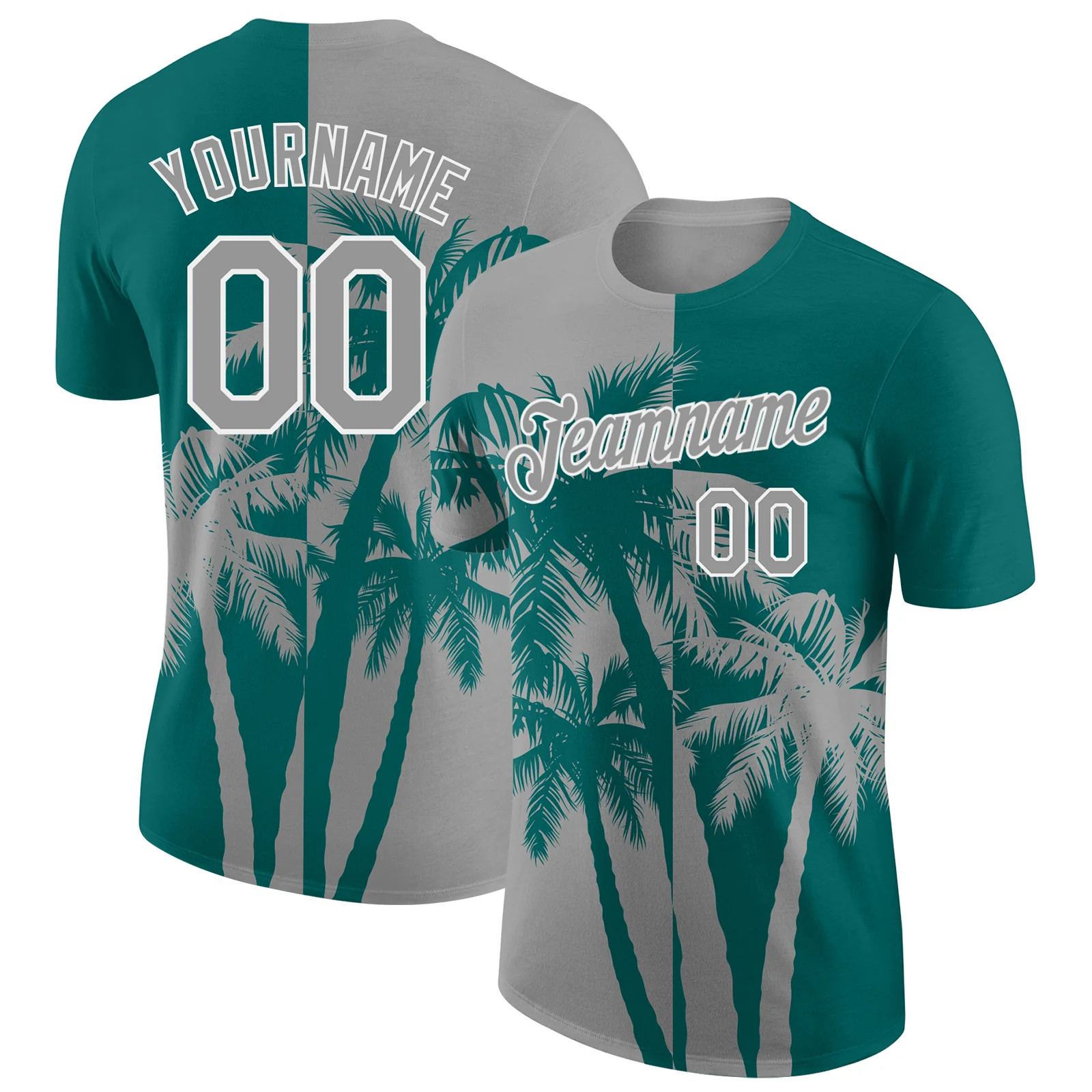 Custom Teal Gray White Hawaii Palm Tree T-Shirt Tropical Summer Beach Mens Tee