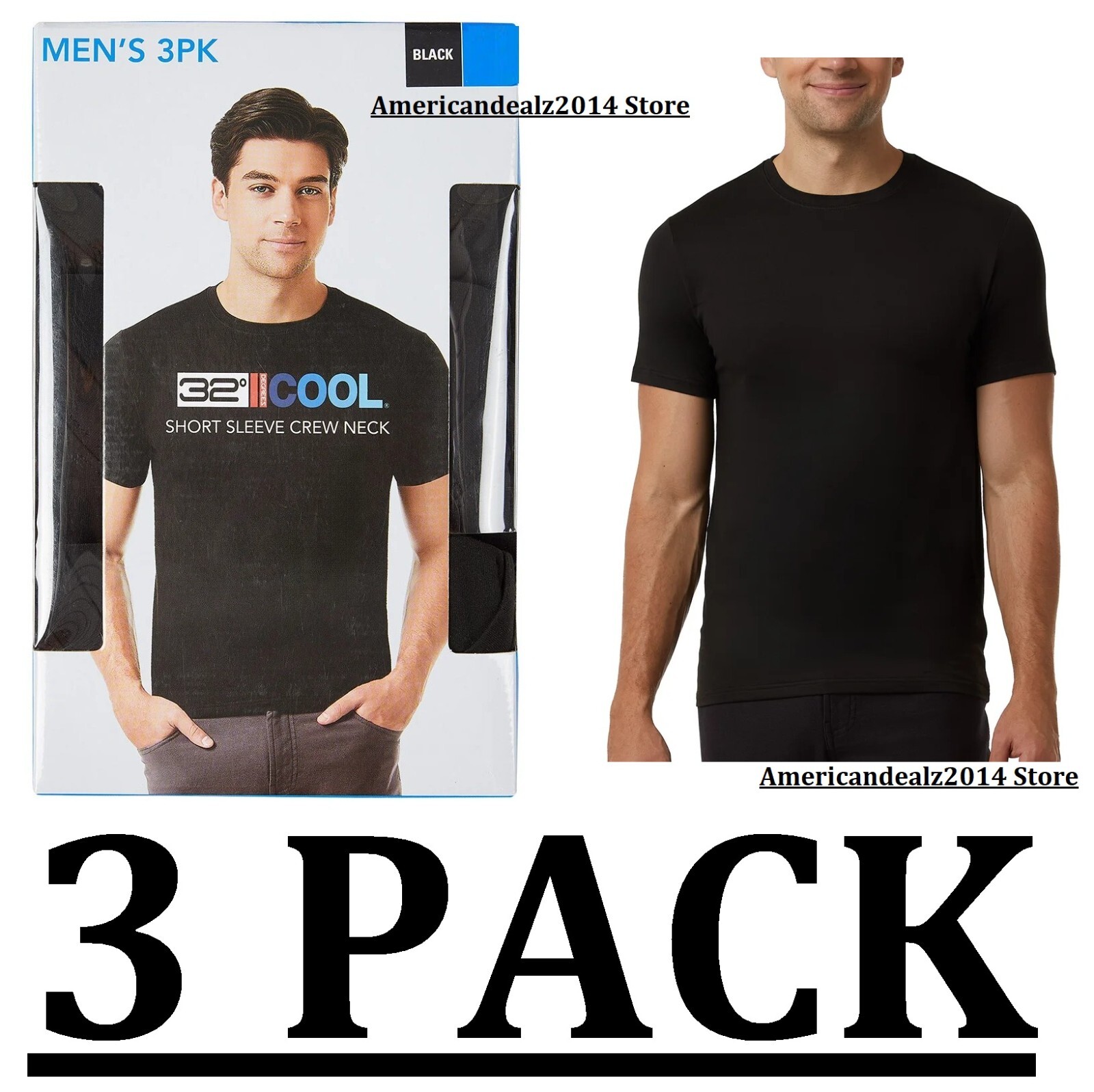 3 PACK – 32 DEGREES COOL MEN’S SHORT SLEEVE CREW NECK SHIRT BLACK OR WHITE
