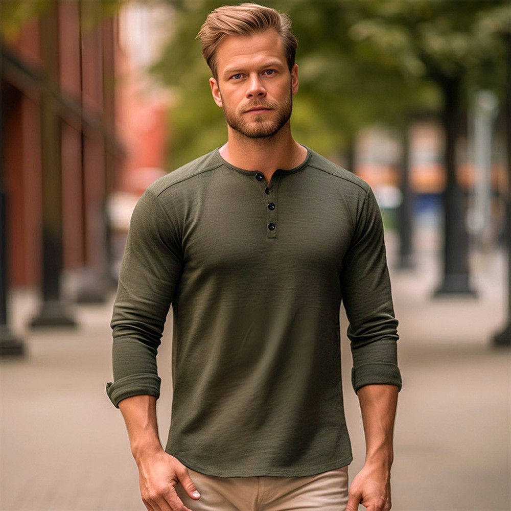 New Men’s Cotton Long Sleeve T-Shirt Slim Fit Button Neck Casual Fitness Tee