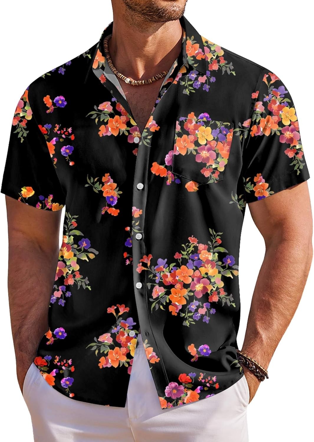 Men’s Hawaiian Shirt Short Sleeve Floral Button Down Tropical Beach Holiday Top