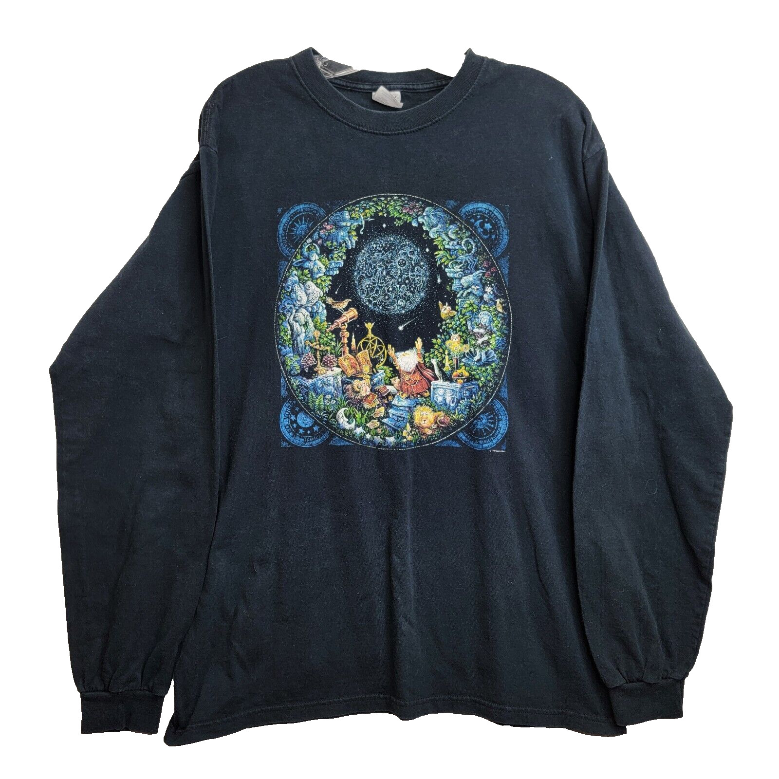 1999 Bill Bell Men’s Large Black Anvil Wizard Astronomer Horoscope Shirt Y2K