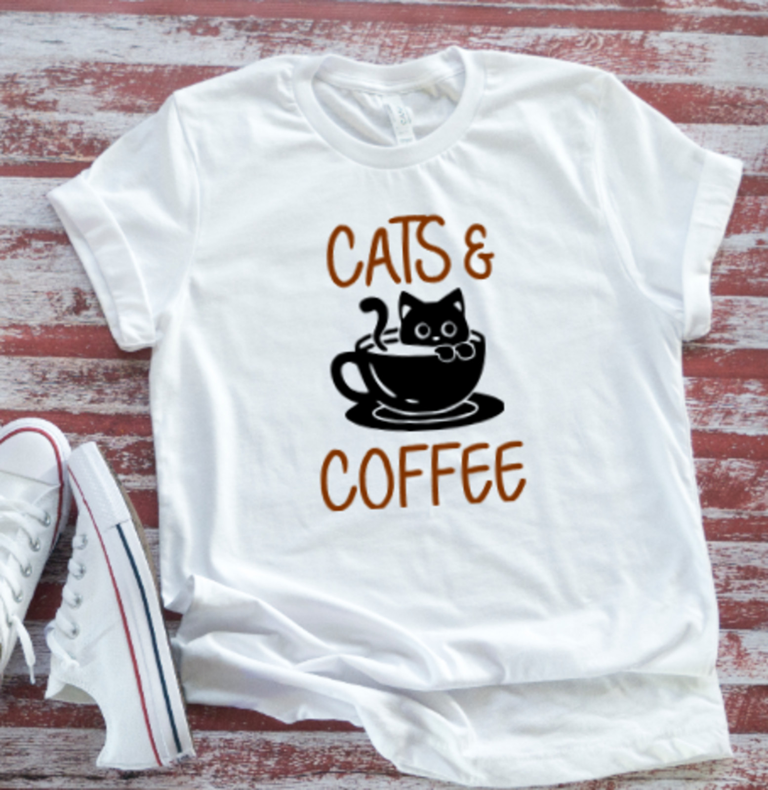 Cats and Coffee, Unisex White Short Sleeve T-shirt
