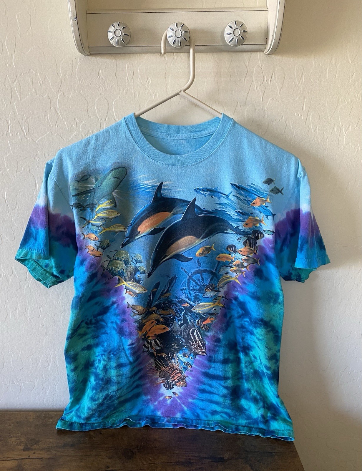 Vintage 90s Y2K Liquid Blue Aquatic Oceanlife Tie Dye Shirt Medium Fish Animals