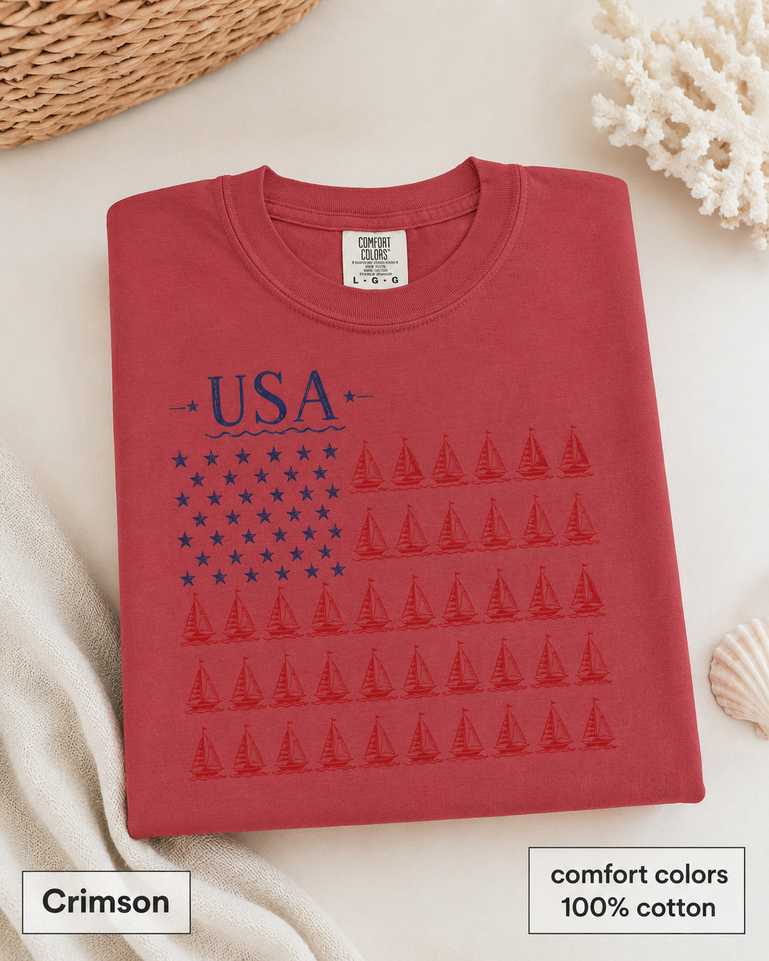 USA Sailboat Flag Comfort Colors Tee, Patriotic Coastal Fourth of July Shirt
