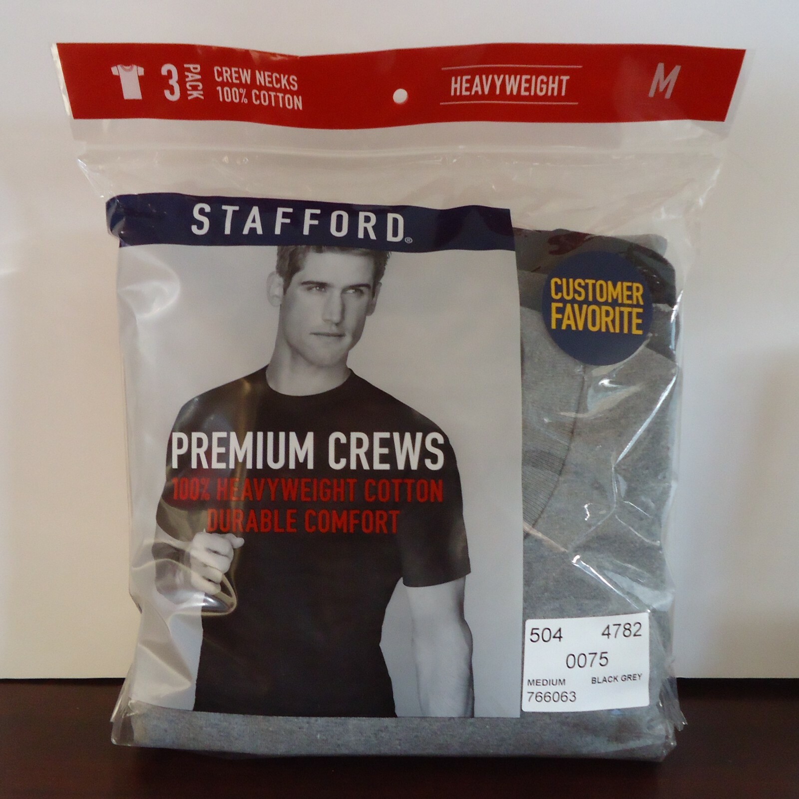 Stafford 3-Pack Men’s Heavy Weight 100% Cotton Crew-Neck T-Shirt Black-Grey