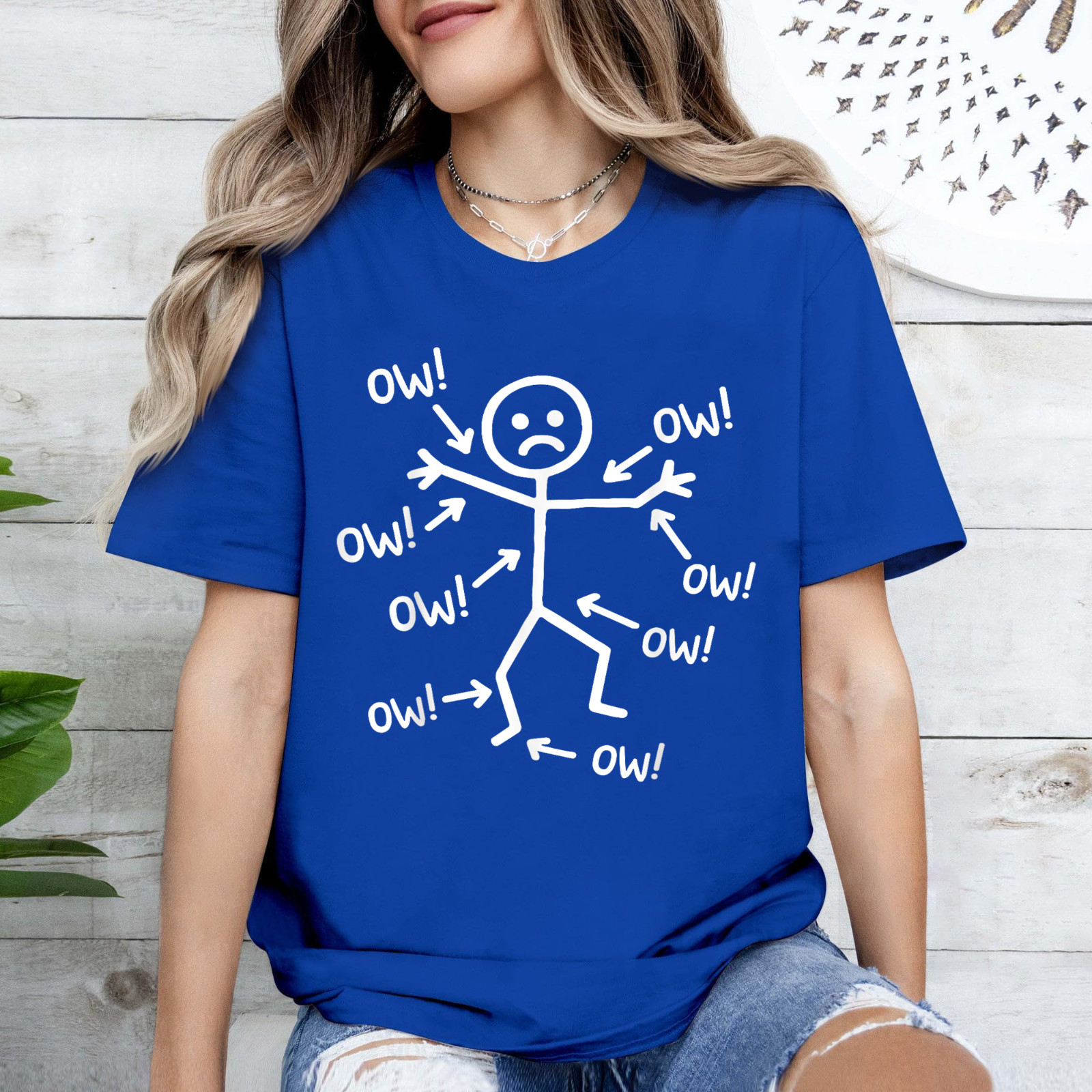Ow Ow Ow Stick Character Figure Humor Chronic Pain Awareness T-Shirt