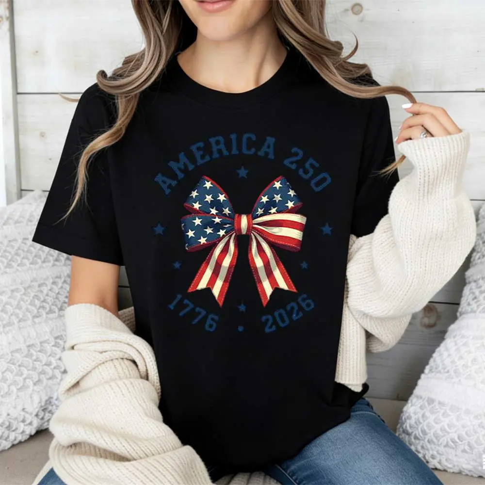 America 250 Stars And Stripes Bow Print T Shirt White Crew Neck Casual Top