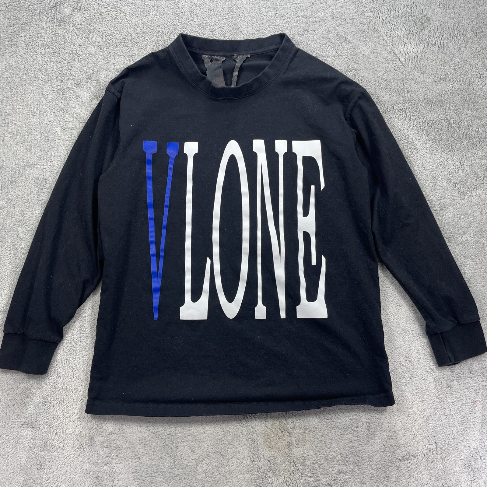 Vlone T-Shirt Men Medium Black Blue Logo Long Sleeve Graphic Tee Streetwear