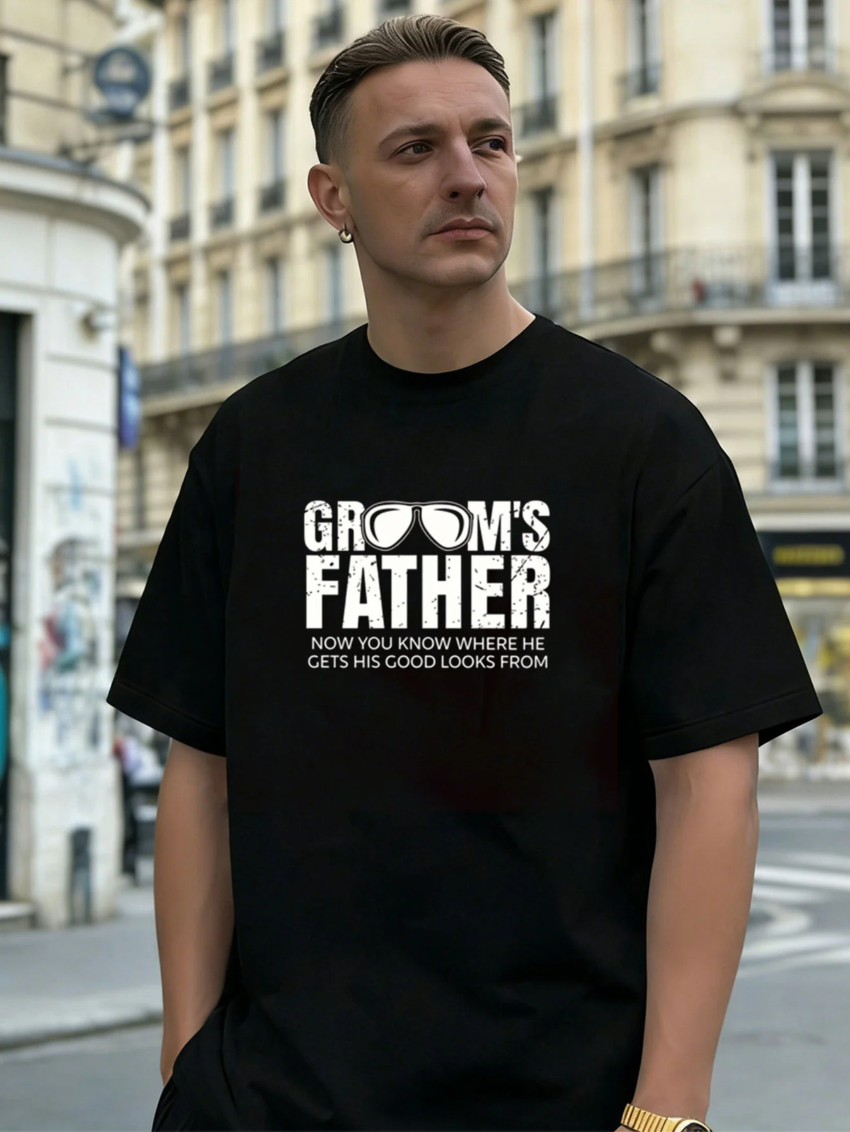Grooms Father Graphic 100% Cotton Men’s T-Shirt, Suitable for Daily Casual Wear