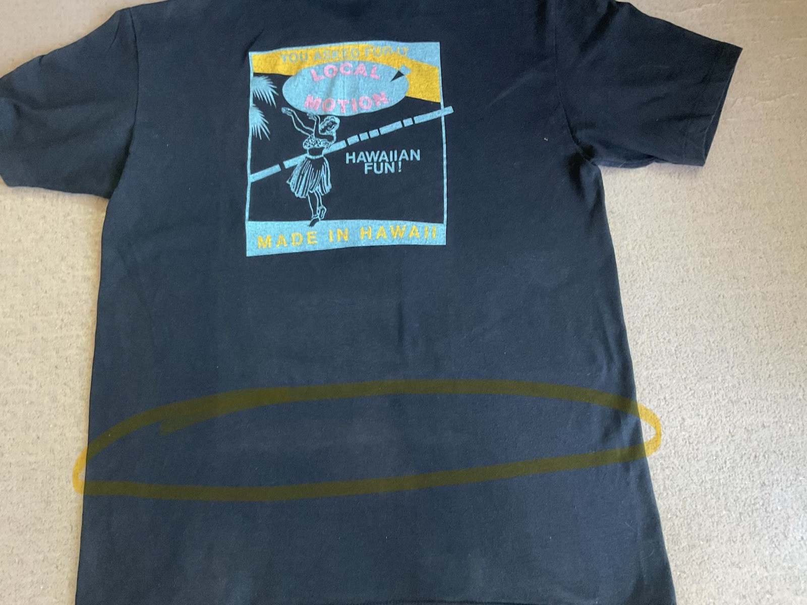 Vintage Local Motion Hawaii Tee, Hula Girl Logo,Fade Line on Back, Navy- LG
