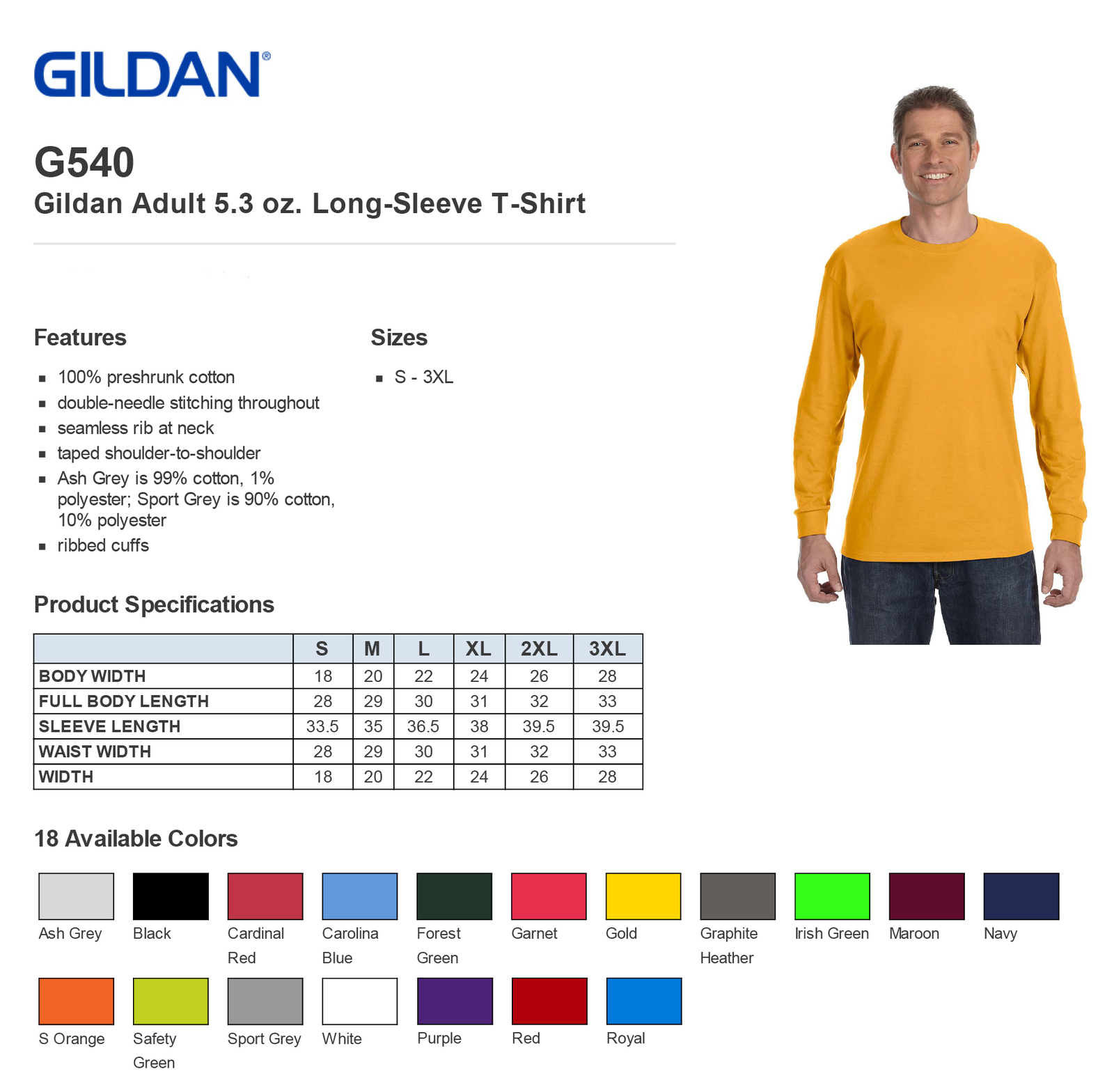 Gildan Mens T-Shirt Long Sleeve Heavy Cotton 5.3 oz S-XL R-G540 5400