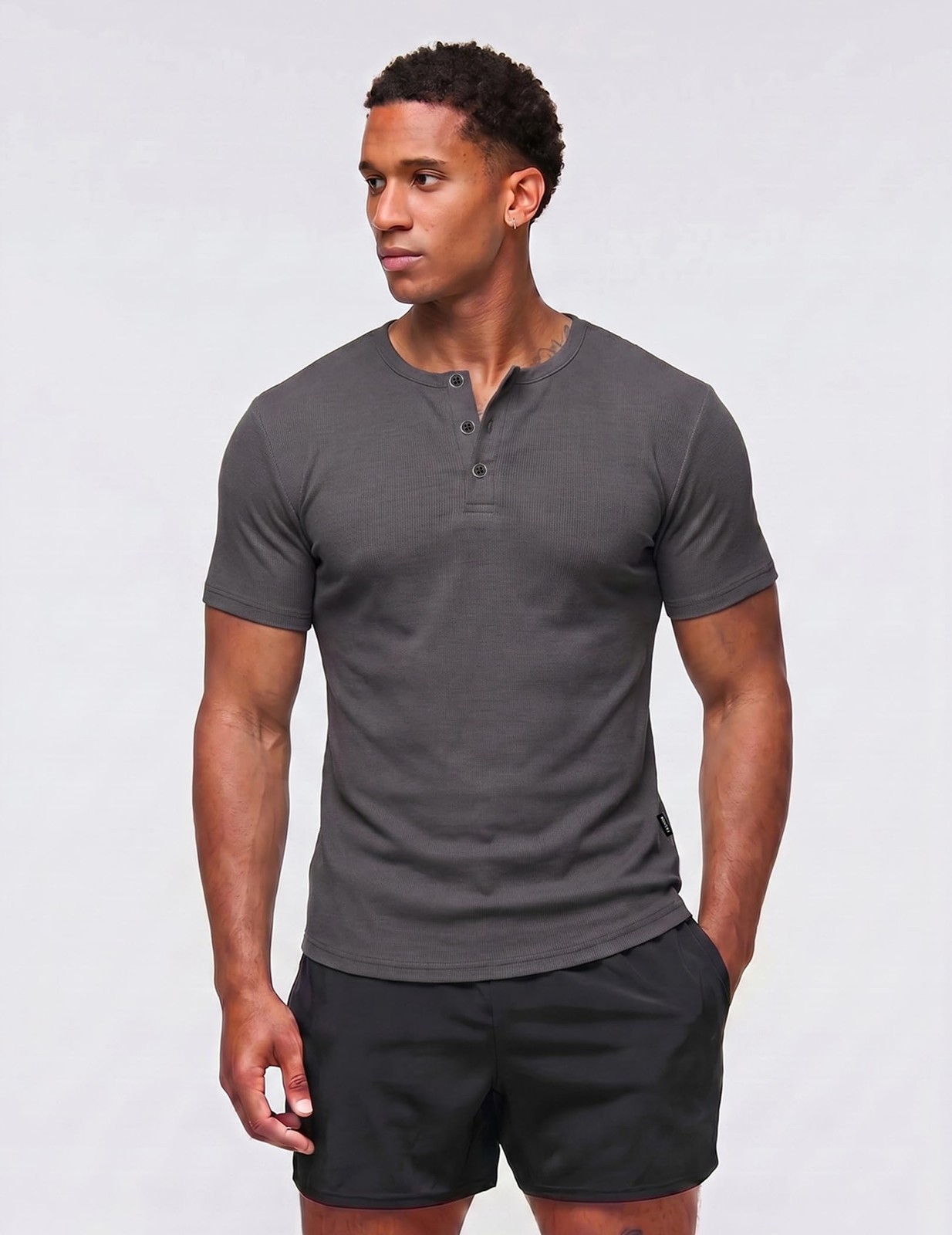 Mens Muscle Slim T Shirts Crewneck Longline Henley Gym Workout Athletic Tee S…