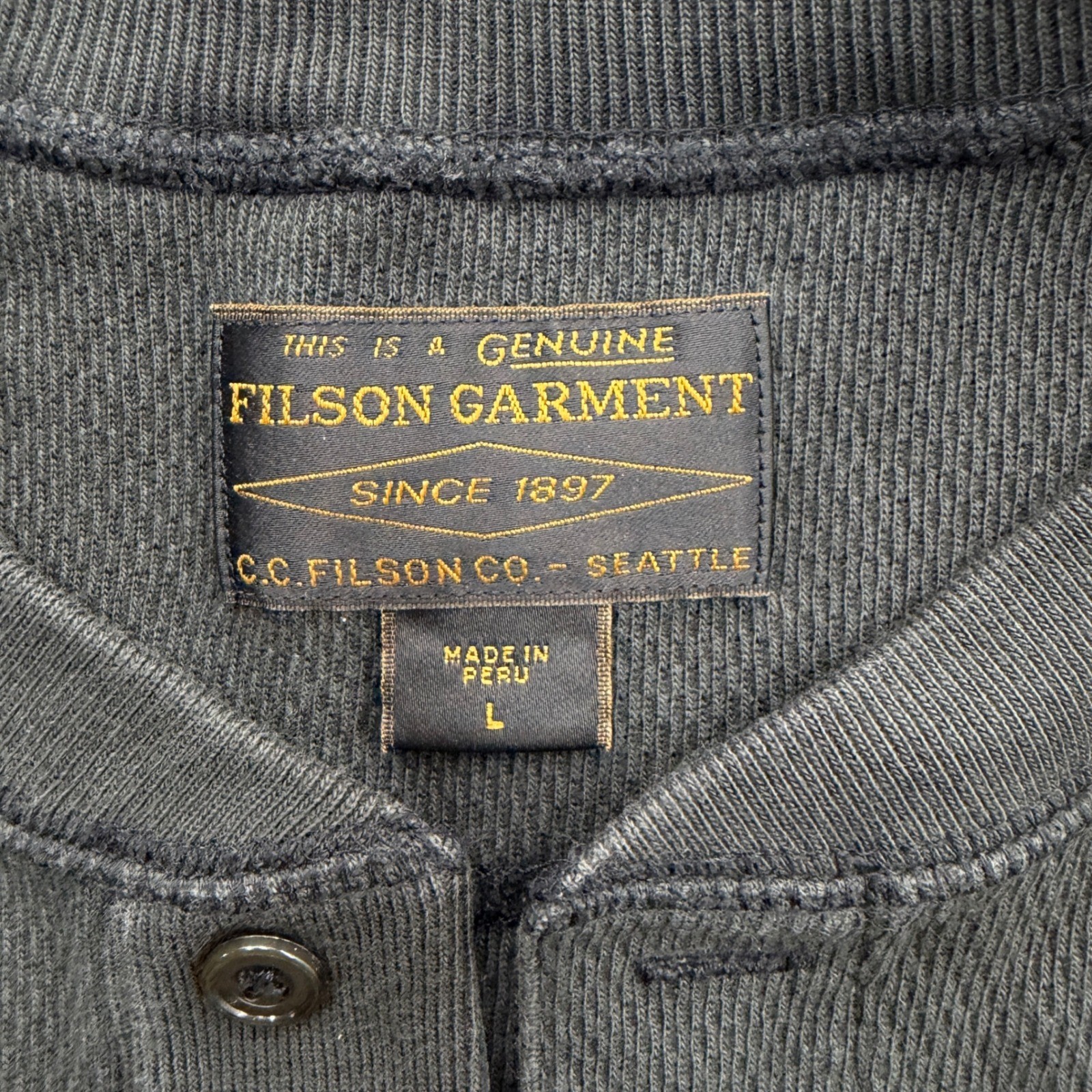 Filson Mens Waffle Knit Thermal Henley Shirt Charcoal Grey Long Sleeve Size L