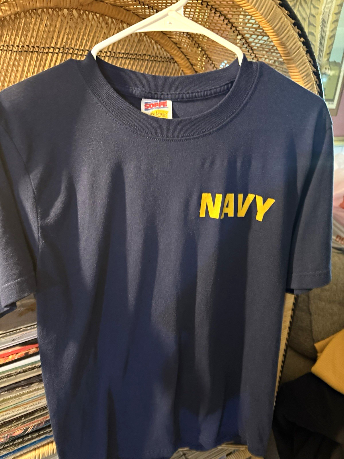 Soffe Mens Blue/Yellow Navy Graphic Logo Print Crew Neck T-Shirt Size M