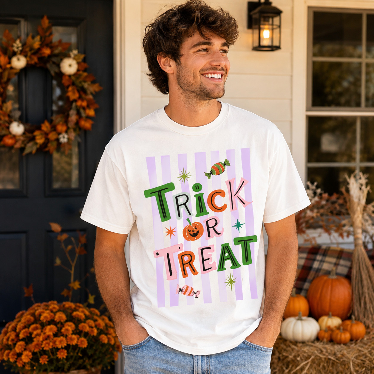 Trick or Treat Halloween Shirt Retro Preppy Spooky Season Pumpkin Tee