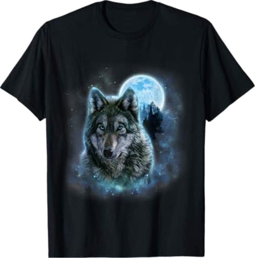 Grey Wolf Under Full Moon Forest Night Sky Wildlife Design T-Shirt